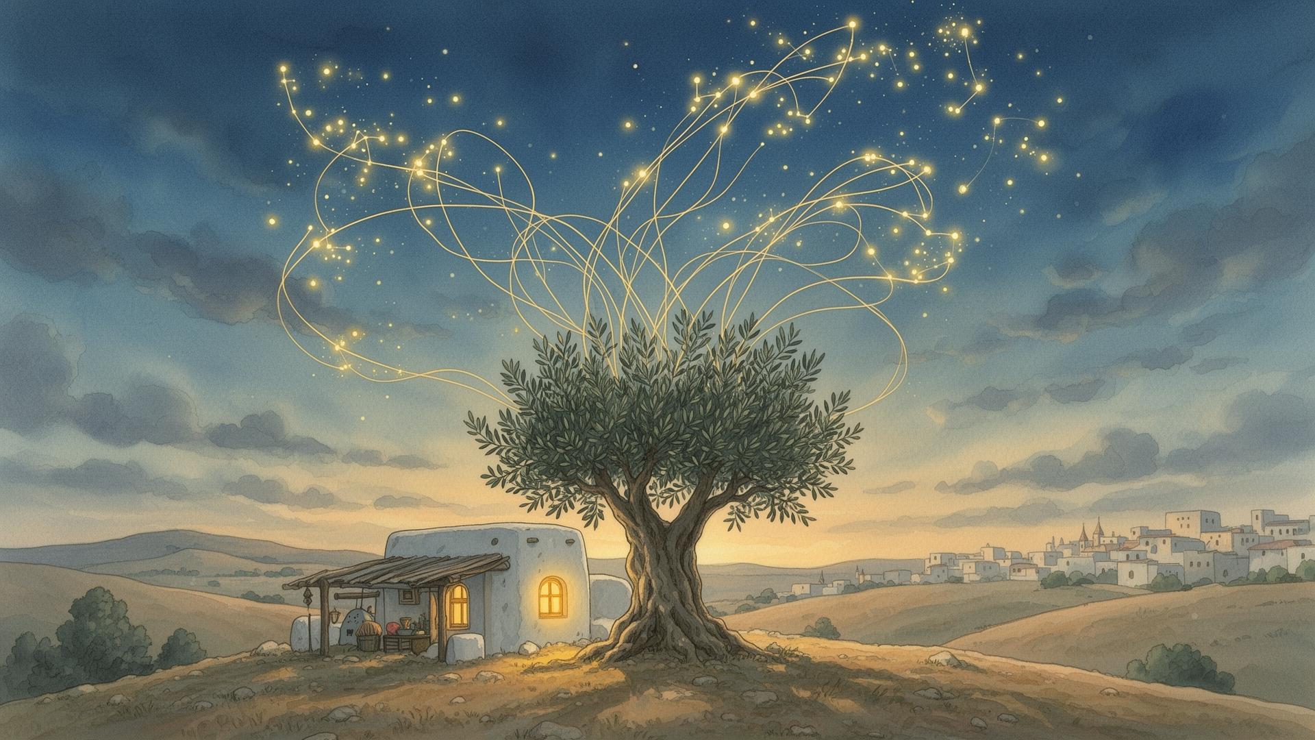 A painterly Tunisian hillside at dusk: a small whitewashed workshop and ancient olive tree send gossamer golden threads of light up into the sky, weaving toward distant constellations and a faraway city