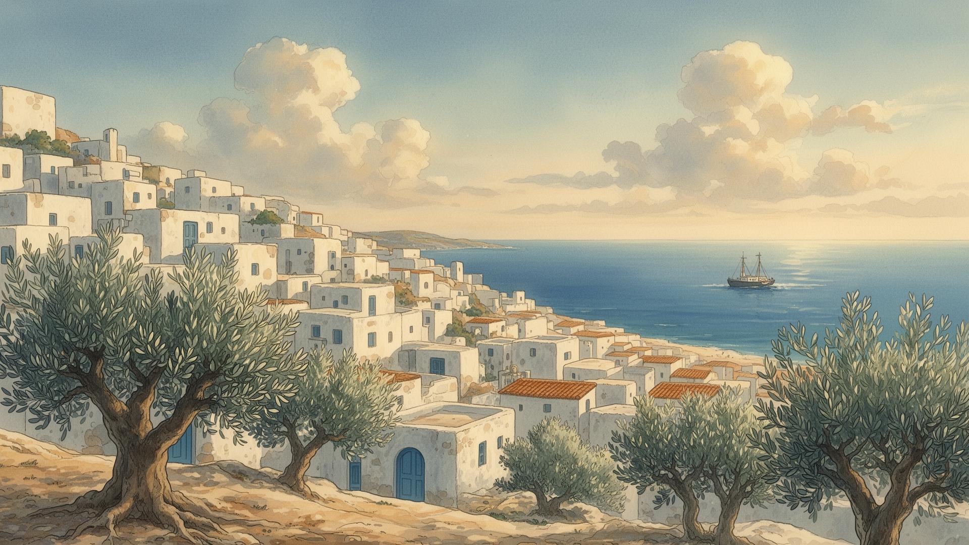A painterly Tunisian coastal village in soft watercolor tones, with olive trees in the foreground and a calm Mediterranean beyond