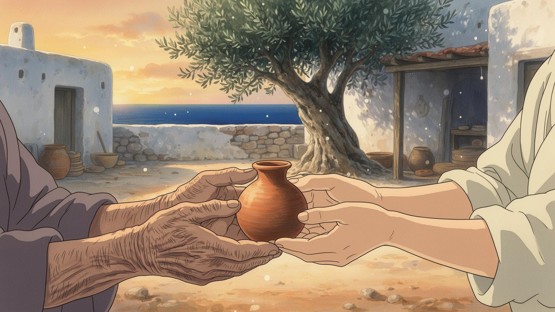 A painterly Ghibli-style scene of weathered Tunisian artisan hands passing a small clay vessel into younger hands, beneath an olive tree in a whitewashed coastal courtyard at golden hour