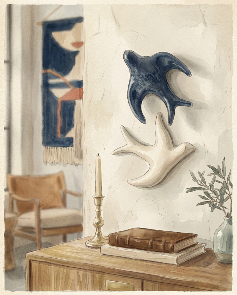 Hand-glazed ceramic swallows in indigo and white