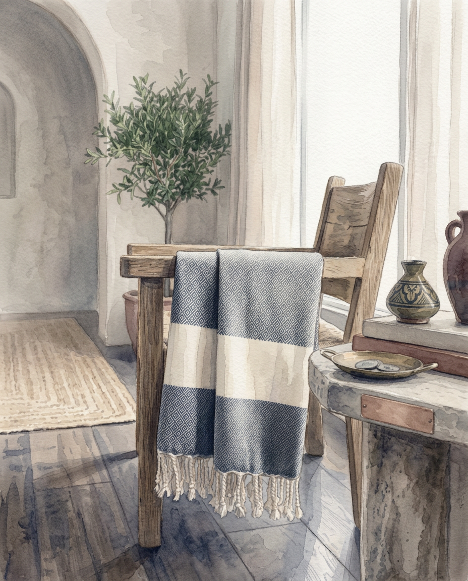 Handwoven cotton fouta in ivory with indigo stripes