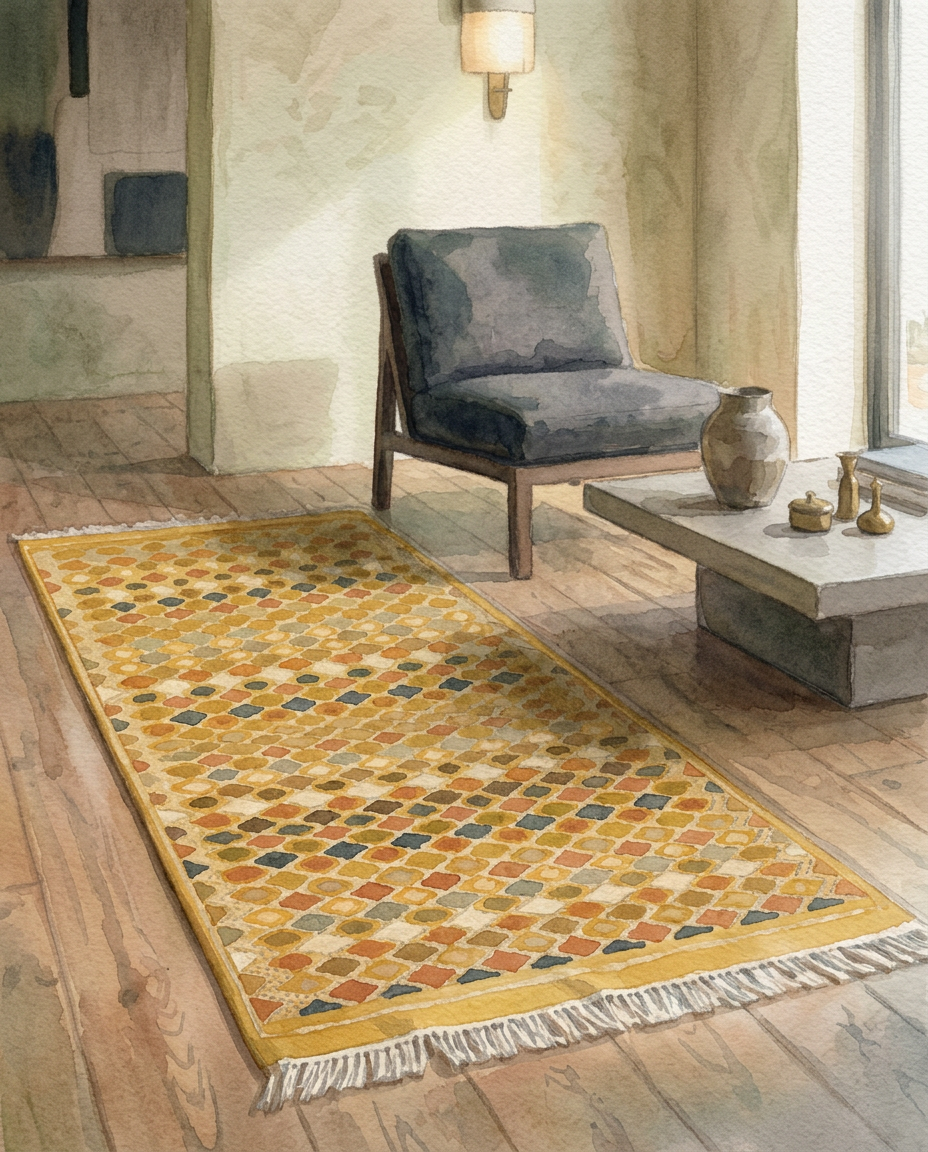 Handwoven Tunisian wool rug with diamond motifs
