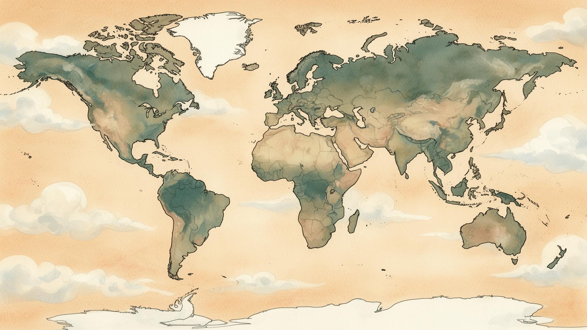 A hand-painted watercolor world map showing Blue Souk's sourcing route from Tunisia to the United States, with future routes reaching Uzbekistan, Georgia, Ethiopia, Laos, and Bolivia.